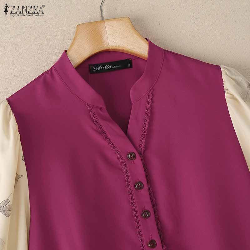 ZANZEA Damen Casual V-Ausschnitt Spleiß 3/4 Ärmel Lockere Bluse