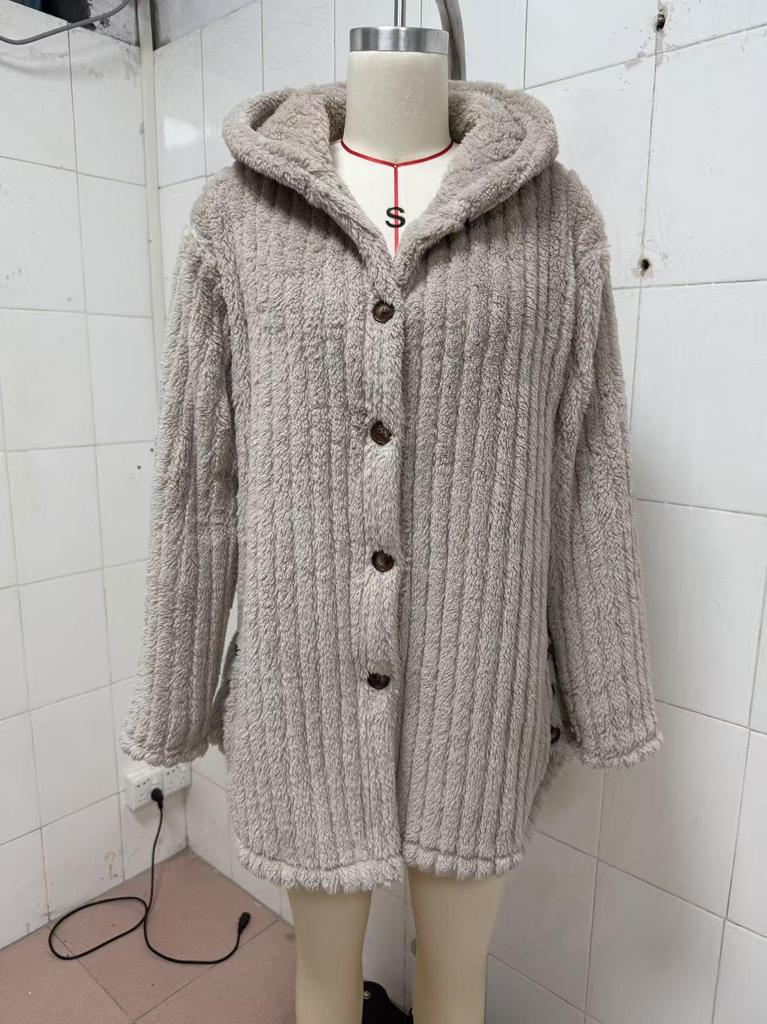 European & American Autumn/Winter Ribbed Hooded Button-Up Plush Cardigan - Casual, Loose, Warm, Versatile Coat