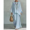 Fashion Linen Loose Long-sleeved Wide-leg Trousers 2-piece Set Women Spring Casual Retro Elegant Female Simple Trousers Suit