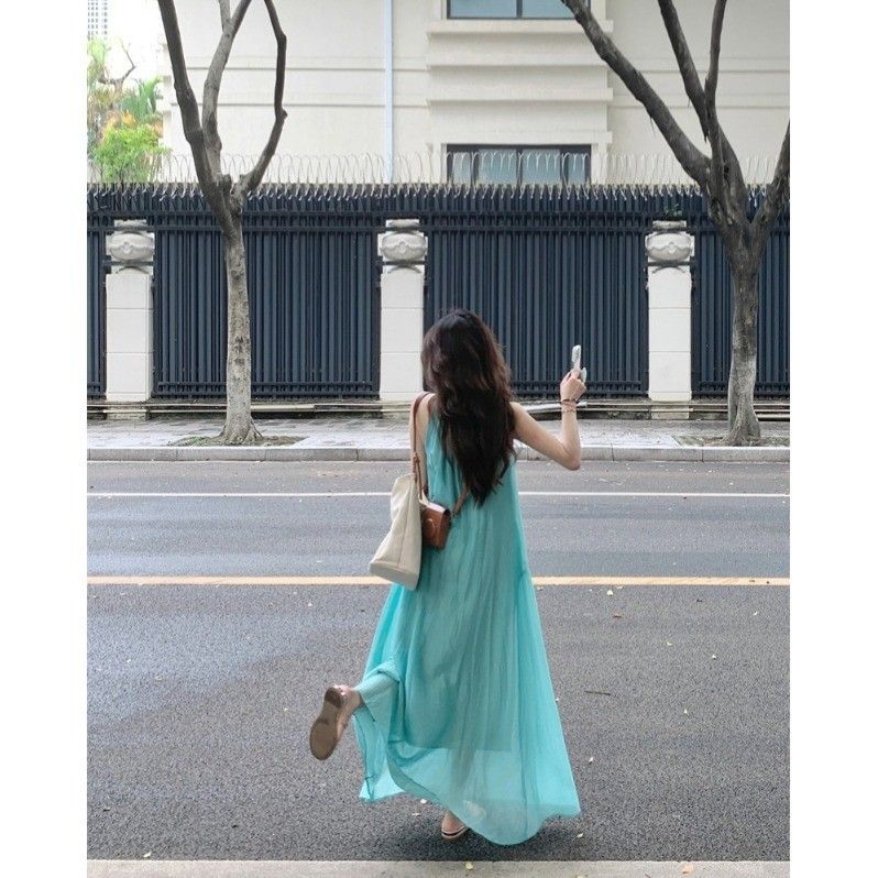 French Hollow Suspender Dress Women's Summer Seaside Vacation Wind Beach Skirt Pleated Lazy Relaxation Long Skirt