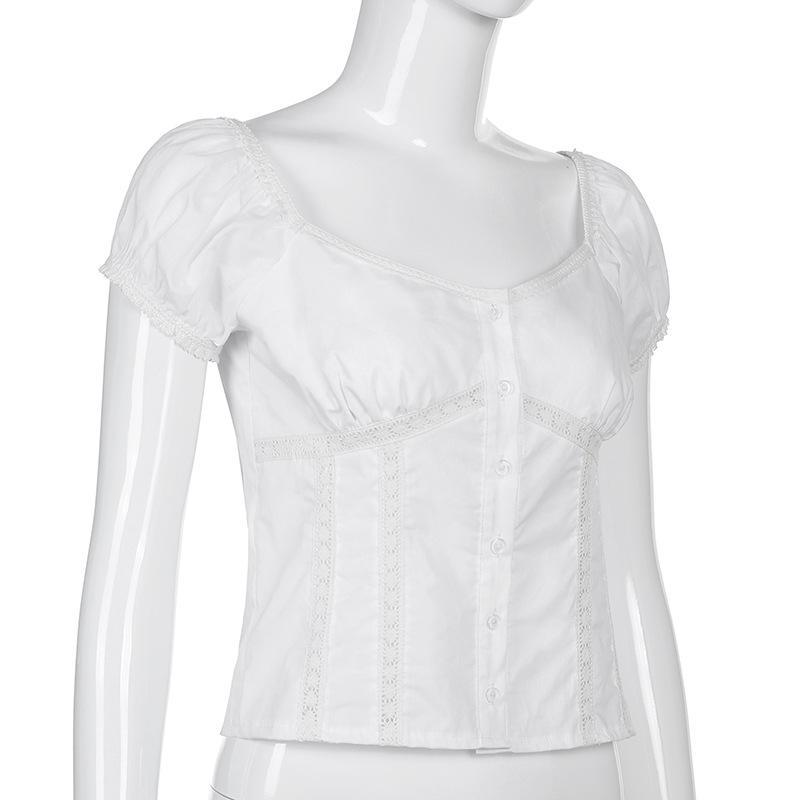 Short Puff Sleeve Lady T-Shirt Square Collar Skinny Crop Top Summer OL Tees All Match Button Vintage Women's Lace Clothe