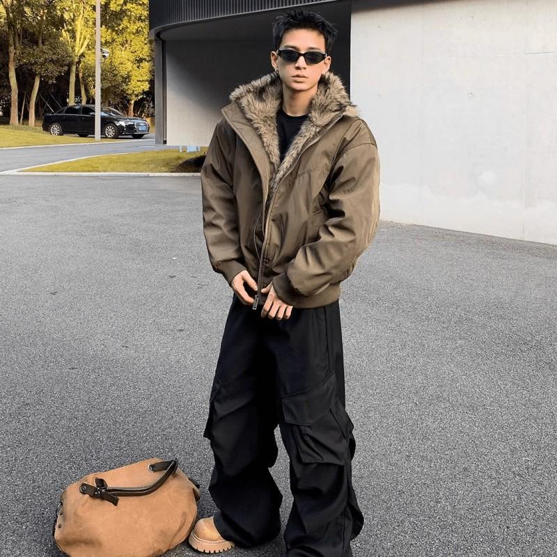 Mens Winter Hooded Thick Cotton Padded Jacket With Faux Fur Collar Loose Fit Warm Coat Daily Wear