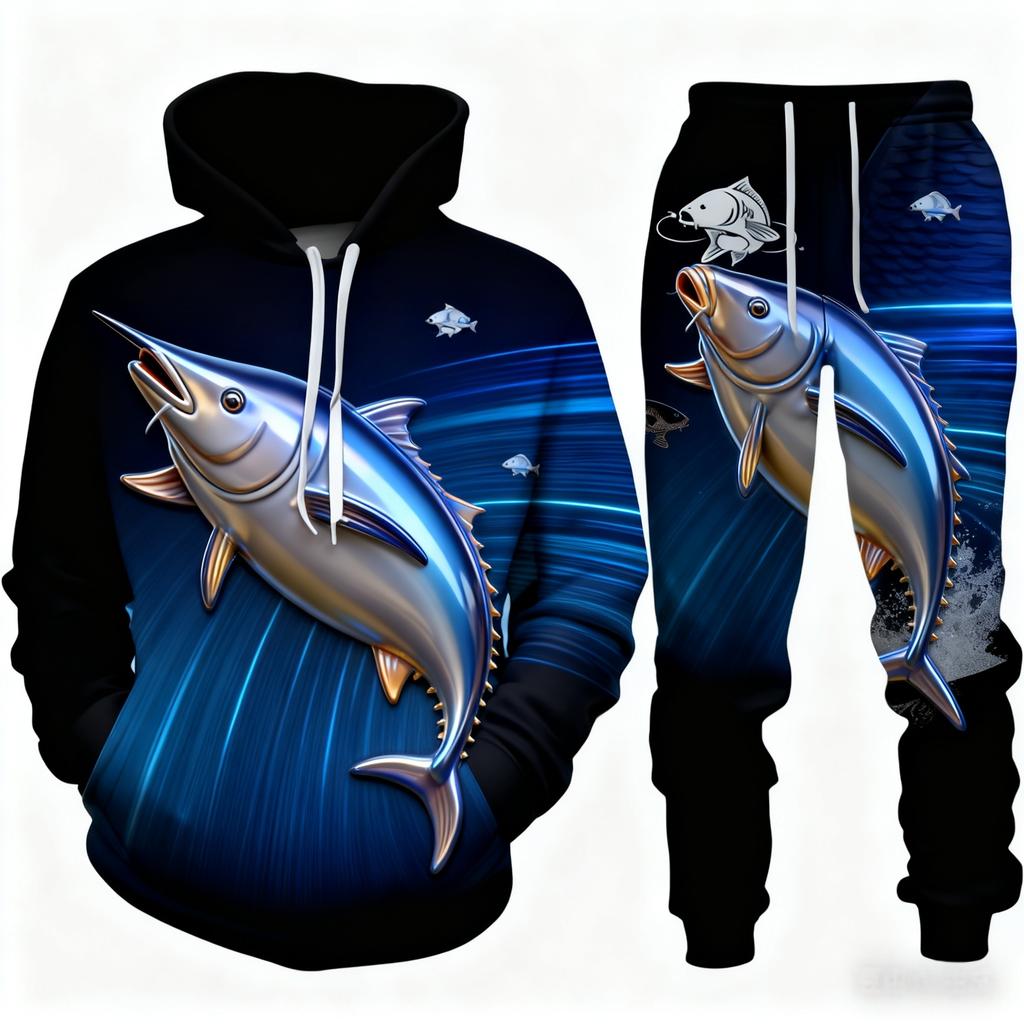 Popular Bass Fishing 3D Print Unisex Hoodie Pants Suit Men Long Sleeve Tracksuit Outfit Casual Outdoor Hunting Camping 2Pcs Sets