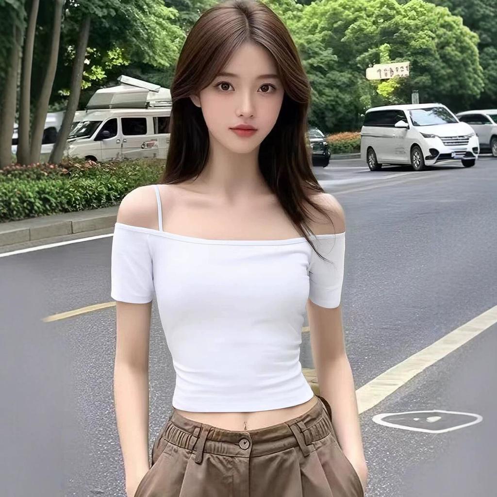 Summer New Off-the-shoulder Suspender Short-sleeved T-shirt Female Slim and Thin One-word Shoulder Short Sexy Belly Button Top Trendy