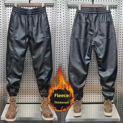 Men's Plush Thickened Leather Motorcycle Pants: Windproof, Warm, Casual Autumn/Winter Trousers
