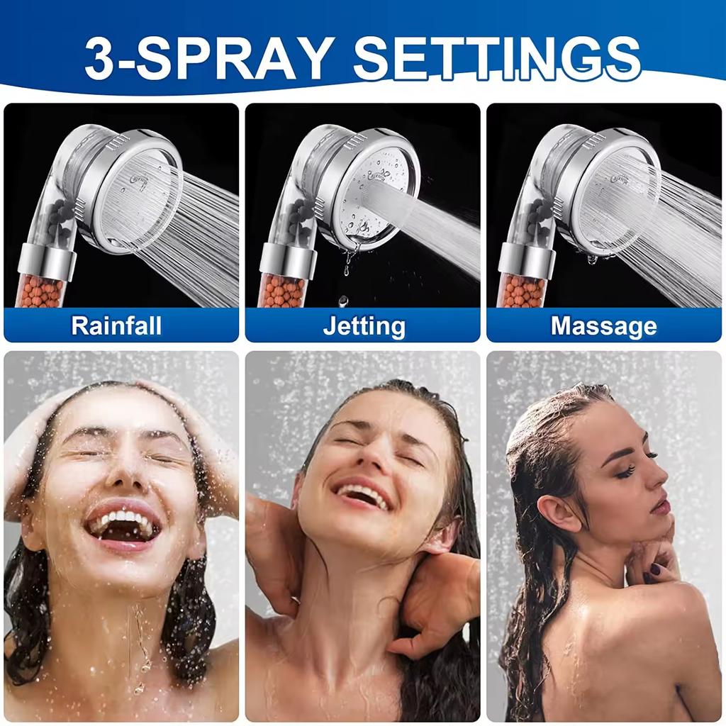 Ionic Shower Head Water Saving 3 Functions Spa Handheld Shower Combo Set