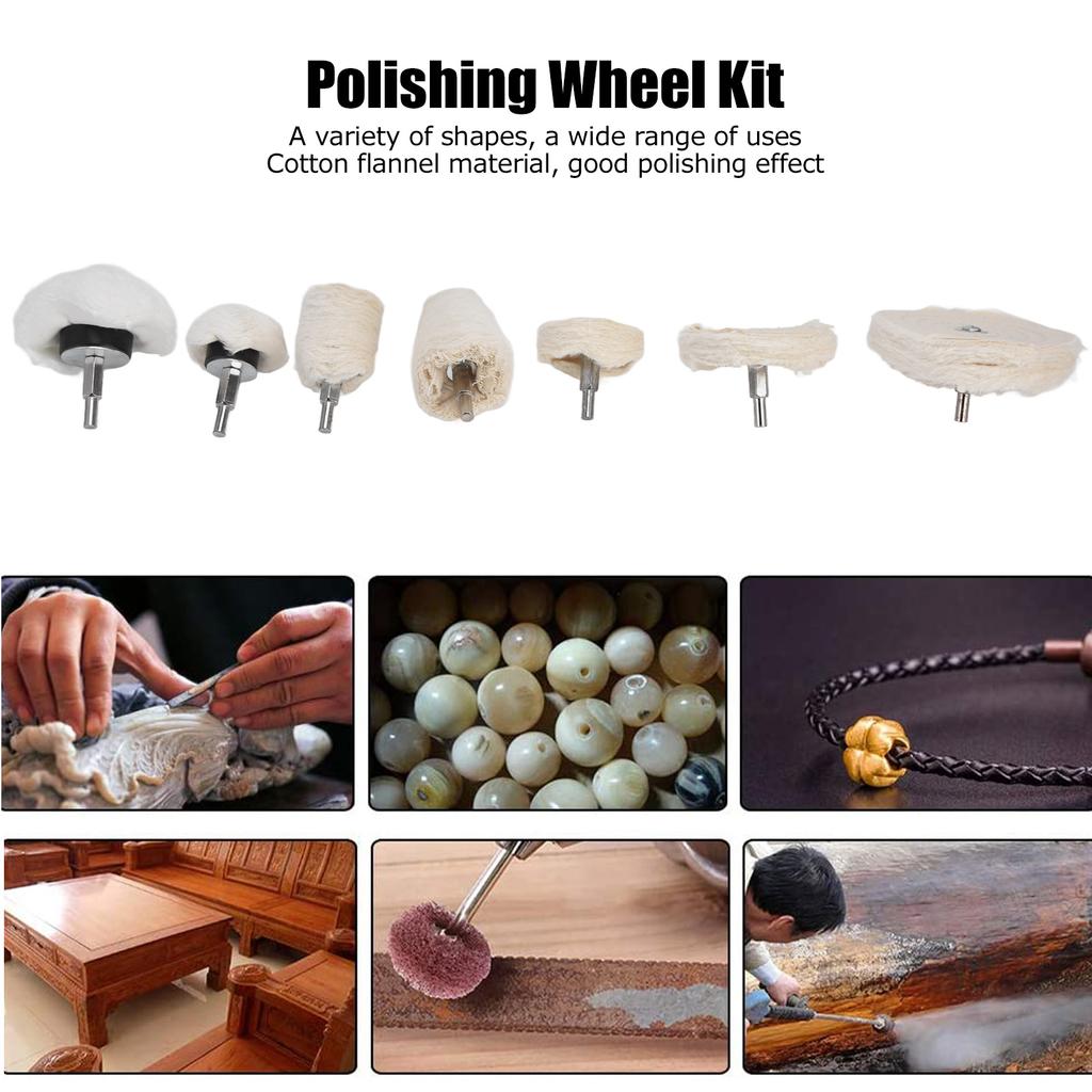D2 7Pcs Polishing Wheel Kit Cotton Flannel Buffing Drill with 1/4in Shank for Metal Glass Grinding Polishing Cloth Wheel Set