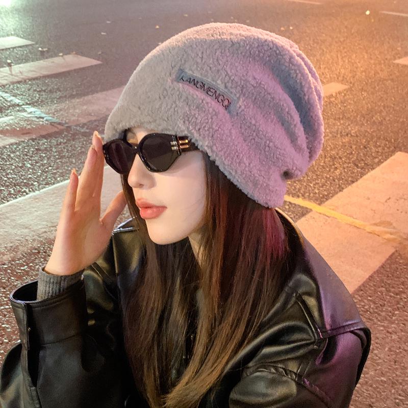 Women's Plush Black Knit Hat - Versatile for Spring and Autumn, Large Head Circumference, Stylish and Warm for Winter.