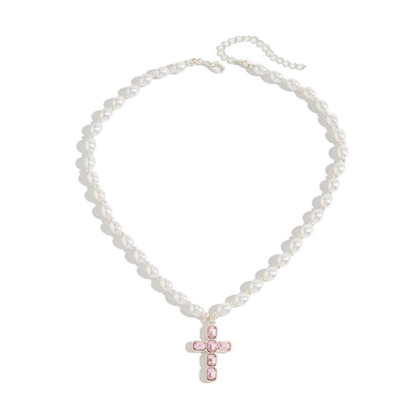 Personalized Diamond Cross Pendant Necklace Luxury Imitation Pearl Choker for Women Formal Banquet Wear Jewelry Gift