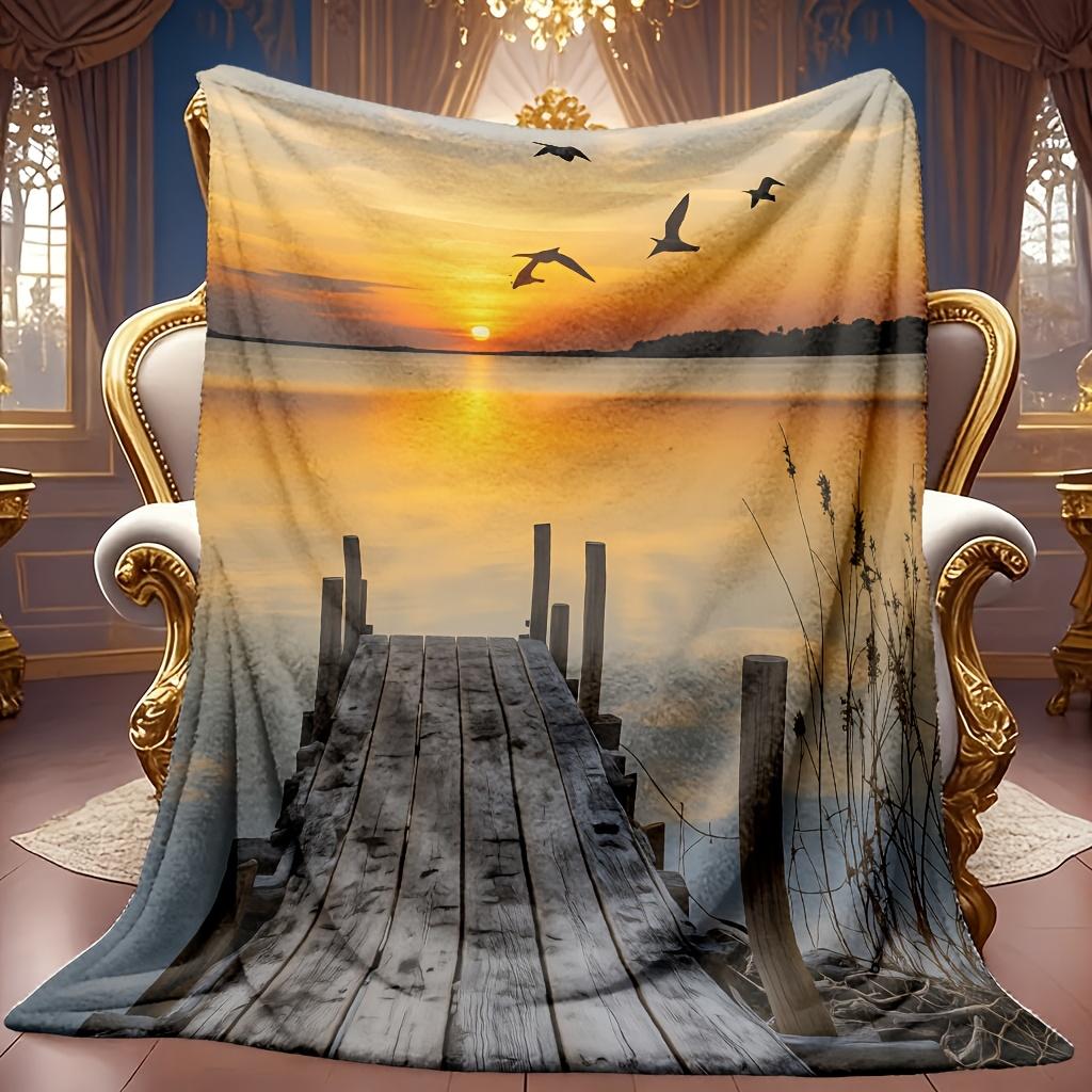 Comfortable Lakeside Sunset Theme Flannel Blanket Soft High-Definition Digital Print All-Season Family and Friends Gift Cooling Blanket Perfect Gift S