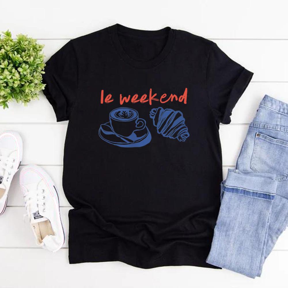Weekend T-Shirt Coffee Tshirt Croissant Shirt Retro Graphic Tee Casual Short Sleeve Women's T-shirts Vintage Aesthetic Clothes