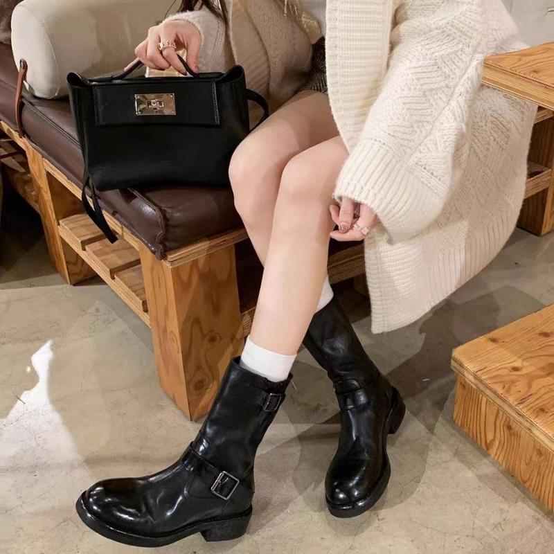 Cowhide Maillard Boots Vintage Leather Medium Skinny Boots Women's Belt Buckle Short Boots Platform Martin Boots