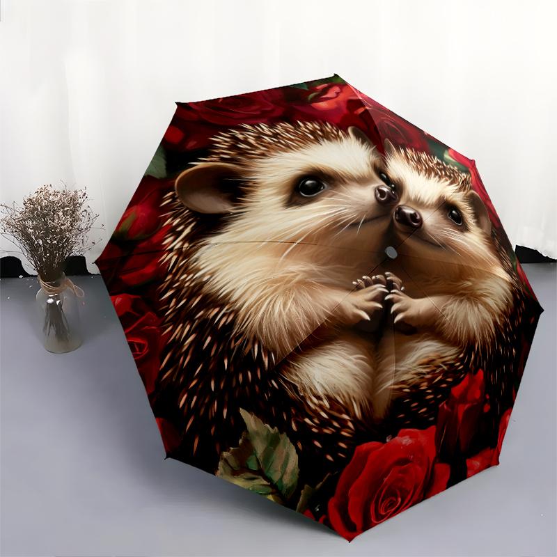 Rose and Hedgehog Pattern, Automatic Folding Umbrella, Portable and Foldable Design, 8 Ribs, a Christmas or Birthday Gift.