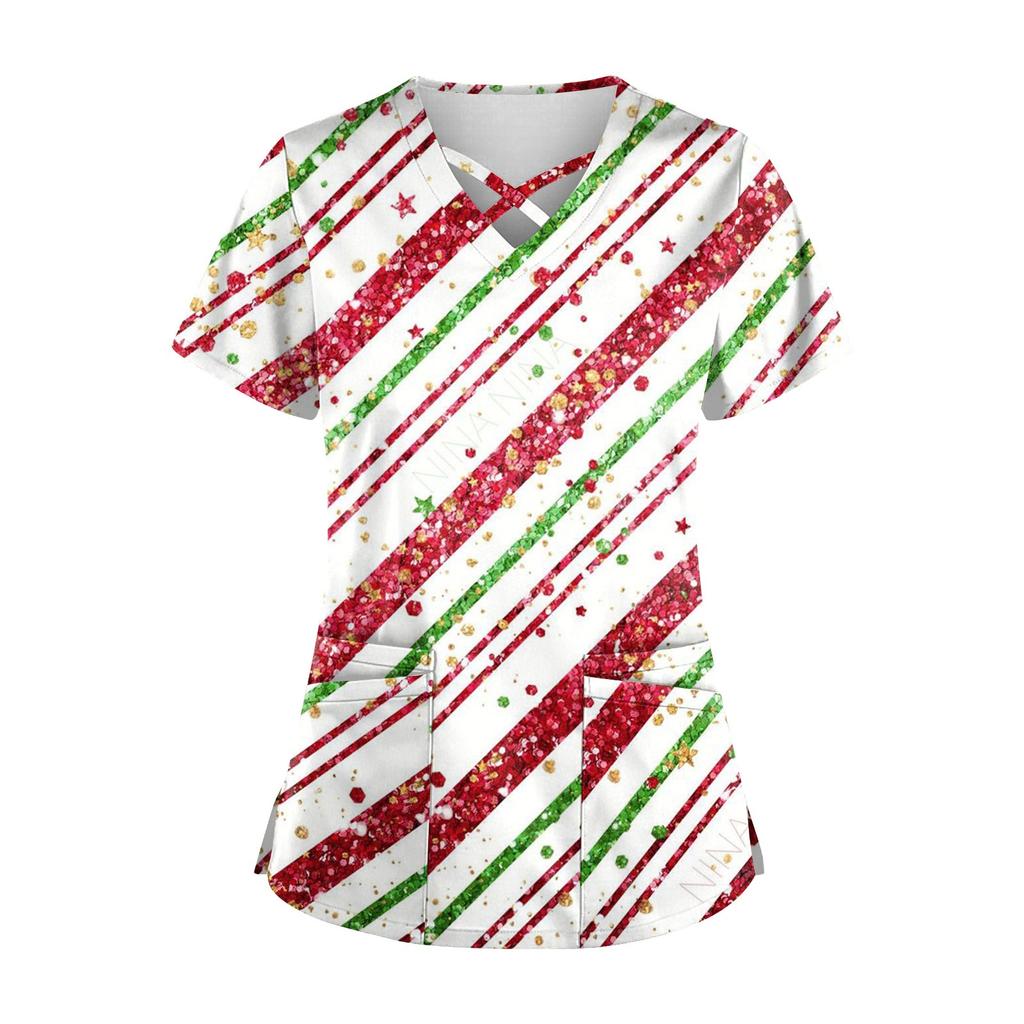 Damen Weihnachtsdruck Uniform Arbeitsuniform V-Ausschnitt Tasche Schutz Arbeitsuniform
