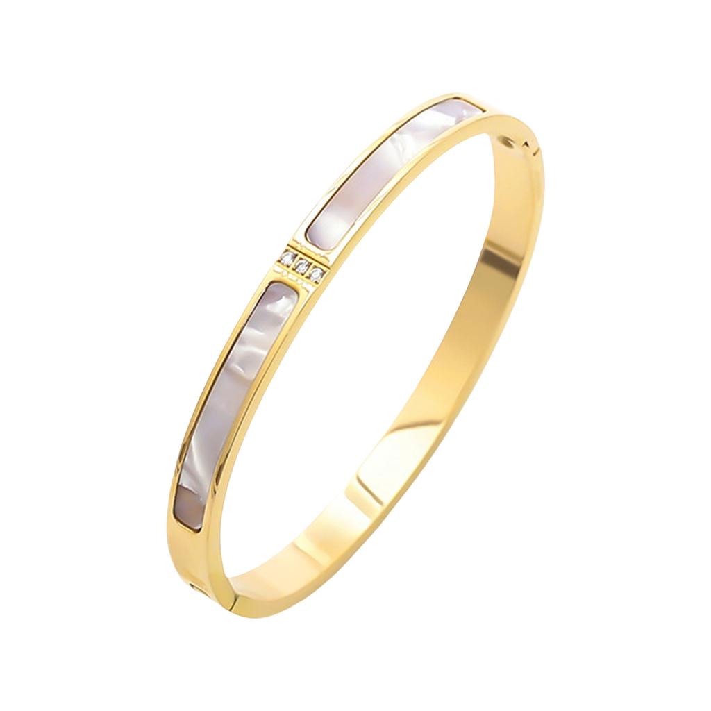 Alloy Bangle With 3 Shining Diamonds and White Shell Accent Fashion Accessory for Stylish Everyday Jewelry Pieces