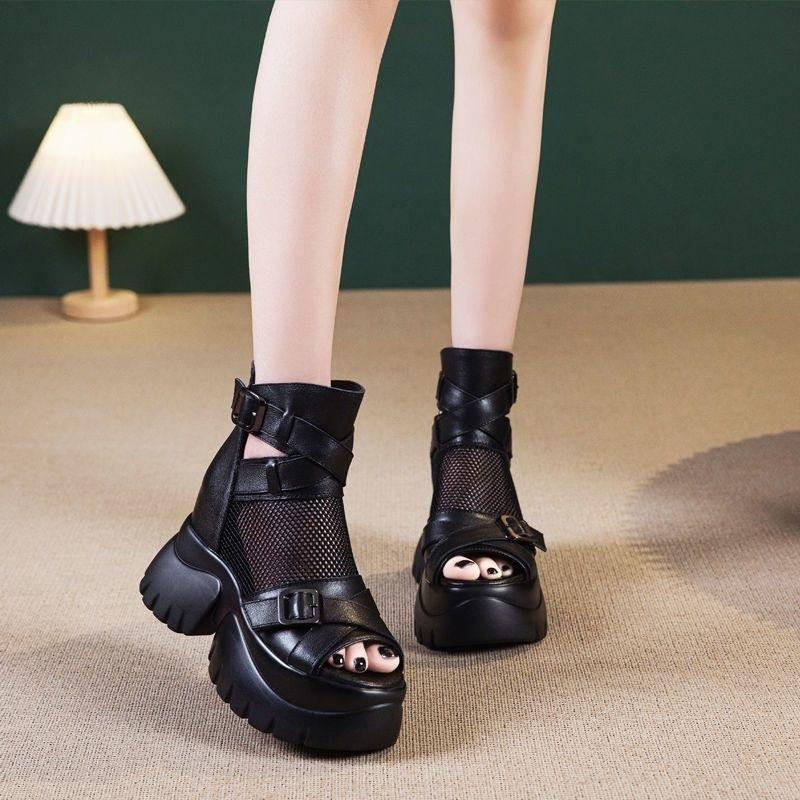 Soft leather Roman sandals high waist 2025 summer new thick-soled summer heightening fish mouth boots muffin hollow cool boots breathable