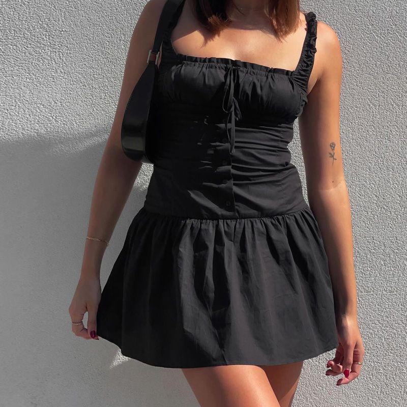 Shemoda Fashion Style Stylish Back Smocking Waist-Tight Silm Sling Dress Women's Summer Versatile Short Skirt