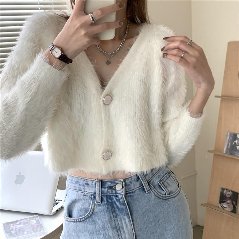 Spring Autumn Women V-neck Imitation Mink Fur Soft Mohair Knitted Sweater Cardigan Coat Short Top