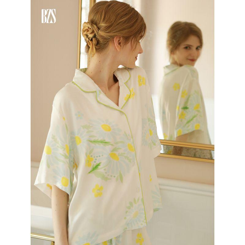 2024 Summer Tribute Satin Sunflower Pajamas Women Thin Loose Version Short sleeve Cotton Silk Trousers Rayon Homewear