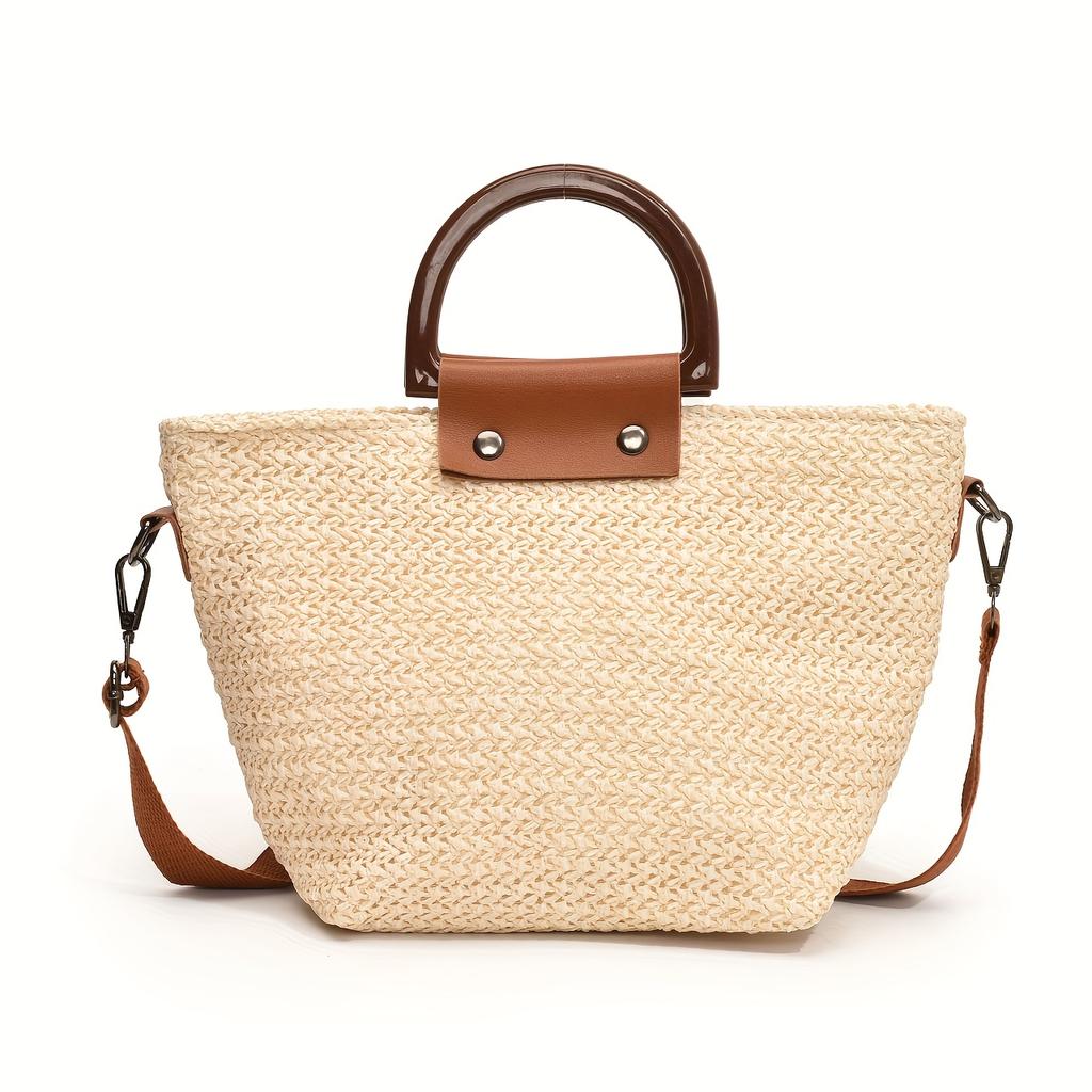 Elegant Women'S Boho Chic Woven Shoulder Bag Rattan-Style Handbag with Fixed Strap, Zip Closure & Polyester Lining for Beach, Travel & Casual Use