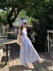French Blue Checkered Spaghetti Strap Sleeveless Tank Dress - Women's Summer 2025 Seaside Vacation Long Dress