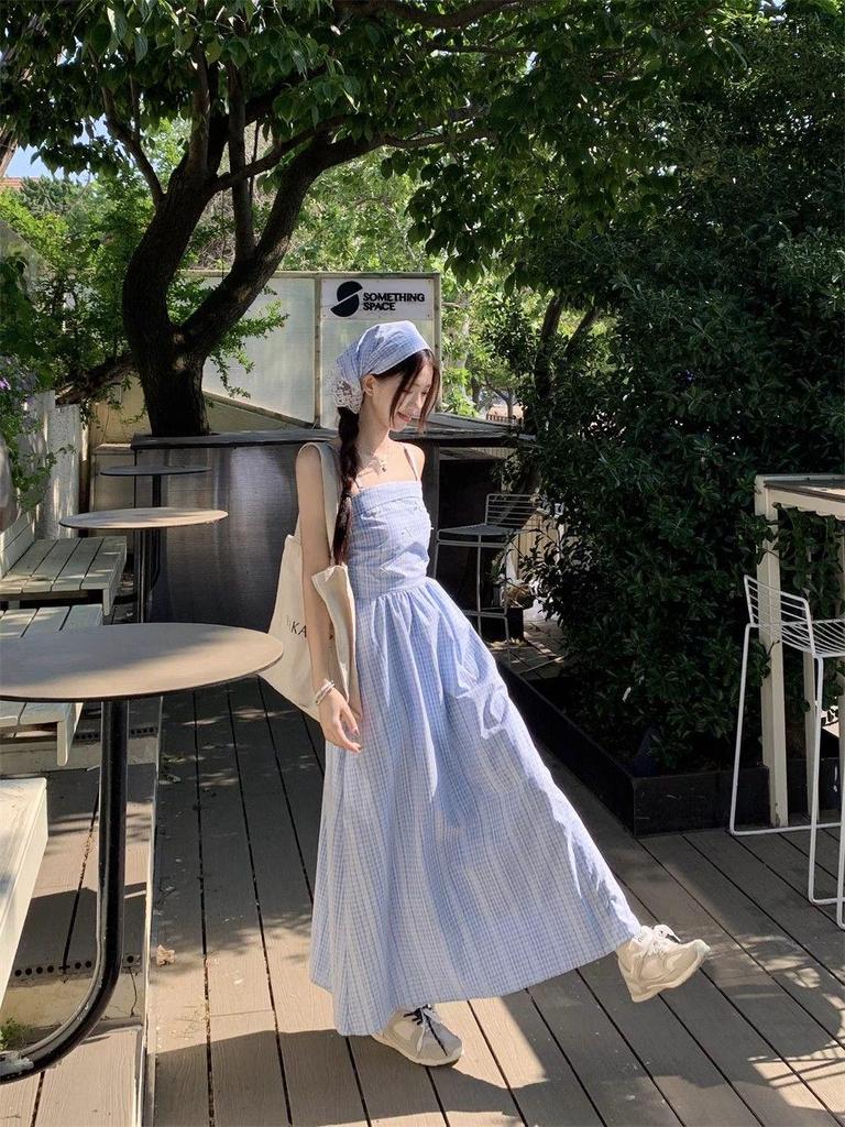 French Blue Checkered Spaghetti Strap Sleeveless Tank Dress - Women's Summer 2025 Seaside Vacation Long Dress