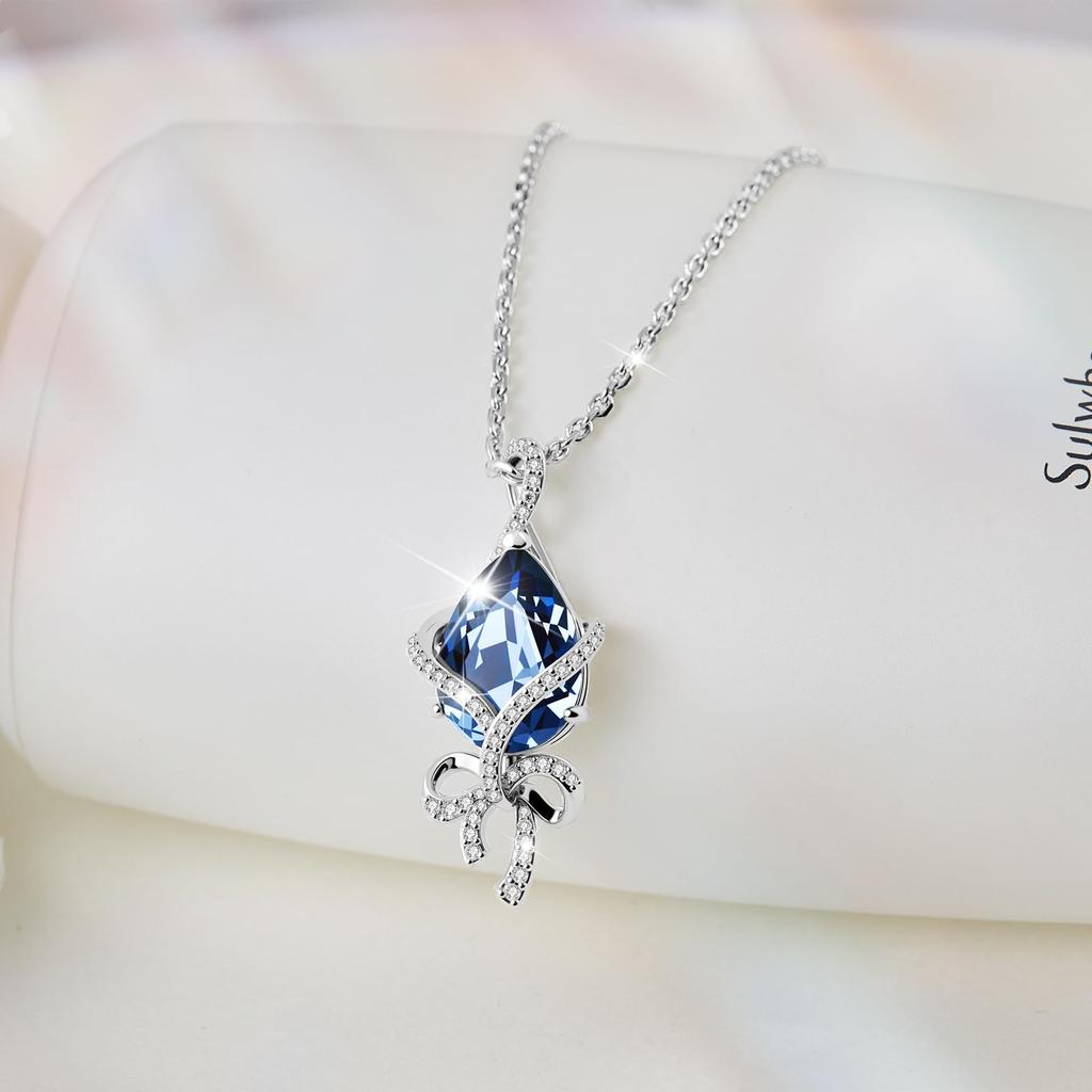 [Richapex] Women's Necklace Pendant Crystal Hypoallergenic Women's Clavicle Chain Accessory Popular Fashion Jewelry Cute Gift Birthstone Blue