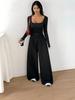 European & American Style Long Sleeve Square Neck Jumpsuit - Waist-Cinching Wide-Leg Pants for Women