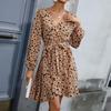 Moda Donna Primavera Autunno Stampa Leopardo Manica Lunga Scollo a V Vita Alta Abiti Casual