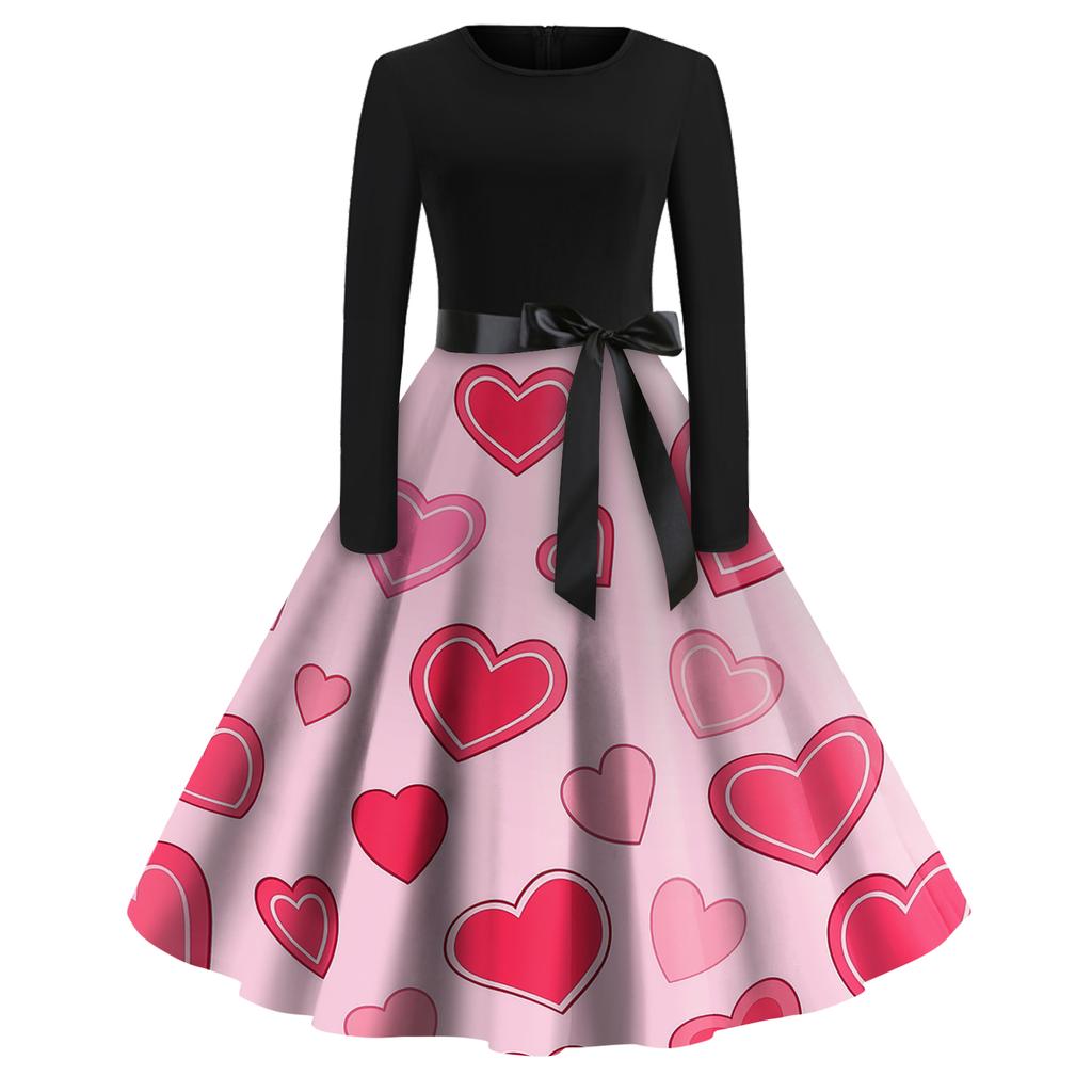 Women's Fashion Round Casual Slim Fit  Print Large Swing Long Sleeve Dress