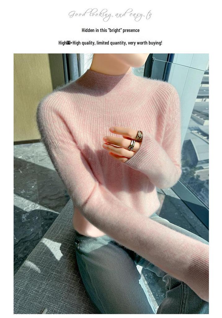 2024 Autumn/Winter Women's Thick Wool Knitwear: Solid Color Jacquard Half-Turtleneck Loose Base Layer Sweater