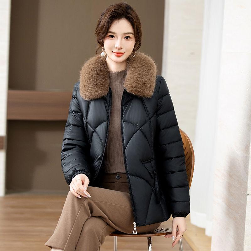 Women'S Jacket with Faux Fur Collar - Quilted Polyester Coat, Long Sleeve,Solid Color, Short Length - Casual Winter Outerwear