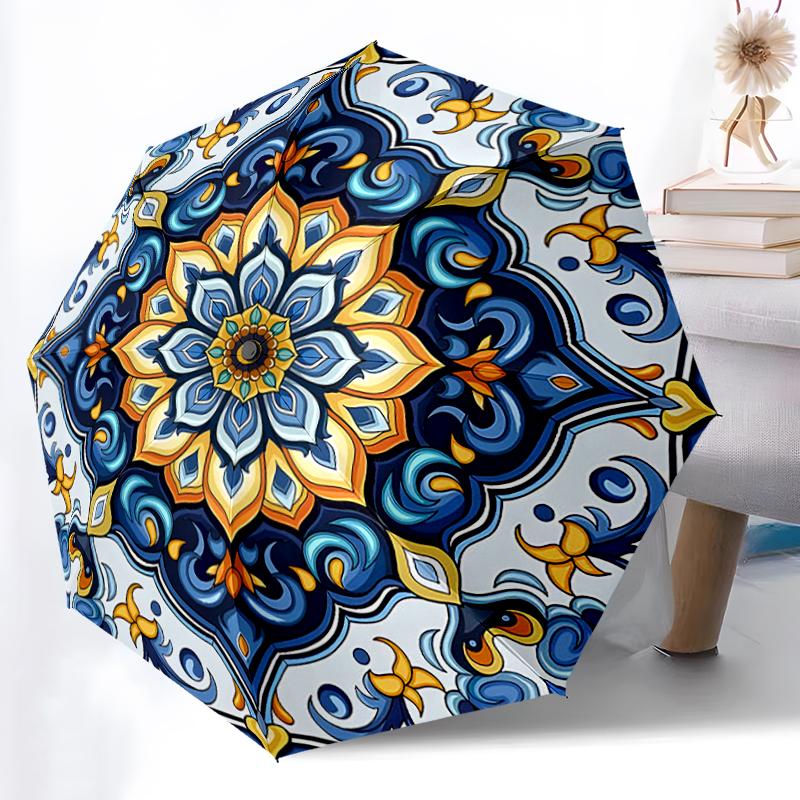 1pc Sturdy 8-Bone Auto Umbrella, Mandala Umbrella, Digital Printed, Foldable Umbrella for On-the-Go Outdoor Use