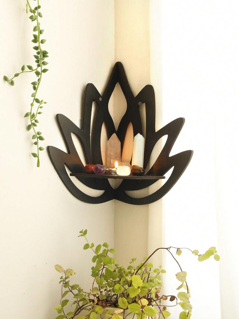 Lotus Crystal Corner Shelf Crystal Shelf Display Black Wooden Wall Shelves Essential Oil Shelf Witchy Decor Aesthetic Spiritual