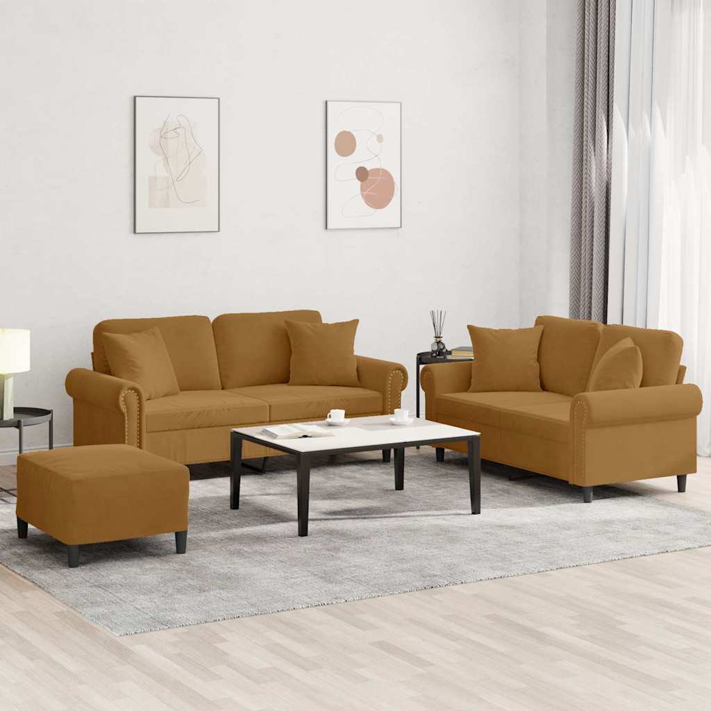 3 Piece Sofa Set with Cushions Brown Velvet
