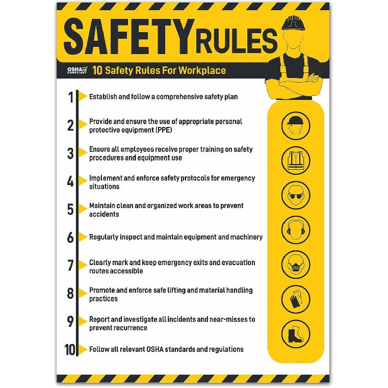 Workplace Safety Rules Poster 18'' x 24'' - OSHA Compliant Safety Rules Poster for Workplace, Warehouses, Office & Industrial, Laminated Workplace