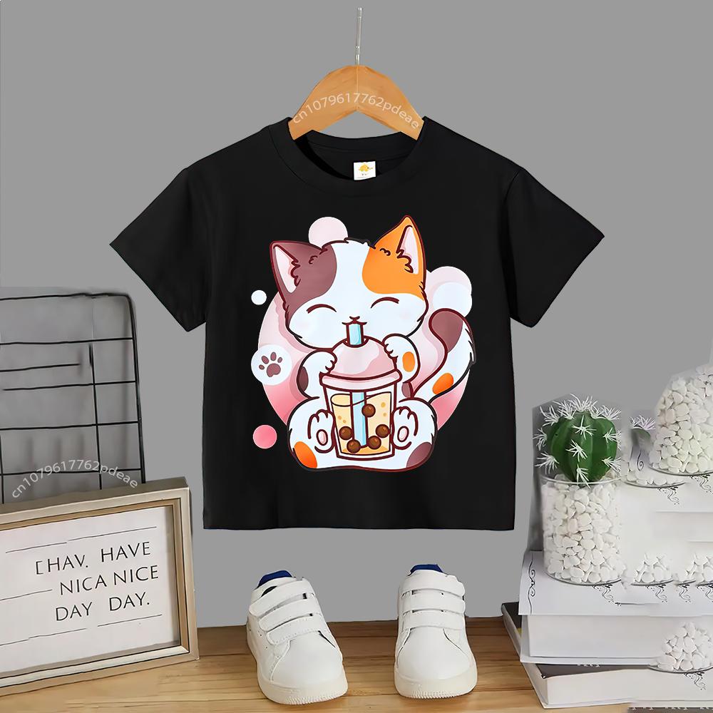 Kinder Sommer 100% Polyester T-Shirt Katze trinkt Milch kleines Mädchen Baumwoll-T-Shirt Jungen Mädchen Harajuku Top Baumwoll-T-Shirt Top