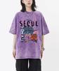 T-shirt Lavé Imprimé Belle Scène de Séoul Femme Respirant Nouveau Coton Refroidissant T-shirt Été Vêtement Snow Wash Unisexe