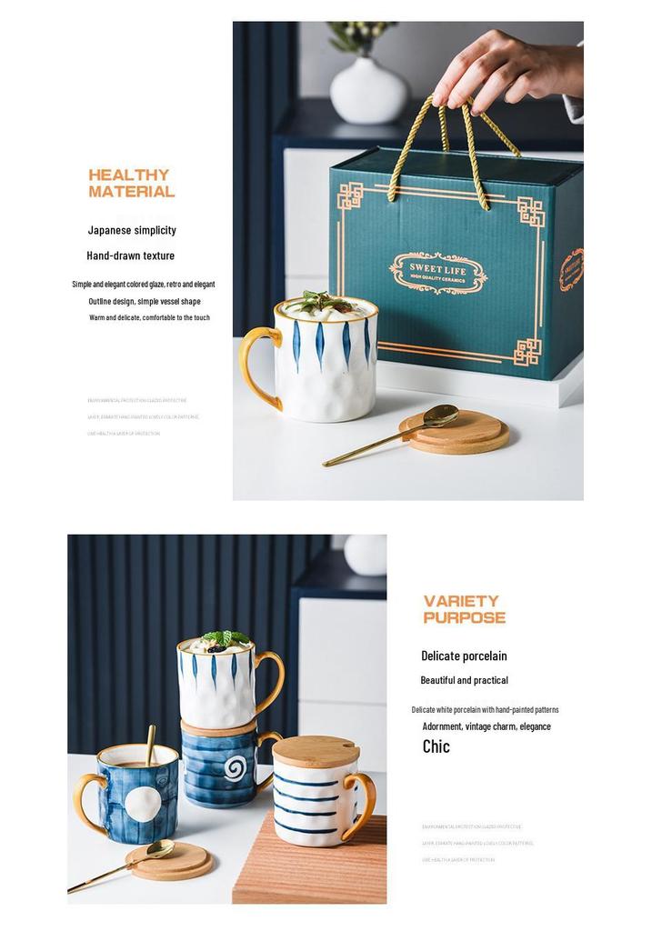 Retro Japanese Ceramic Mug with Lid, High-Temp Resistant, Large Capacity, Ideal Gift for Couples