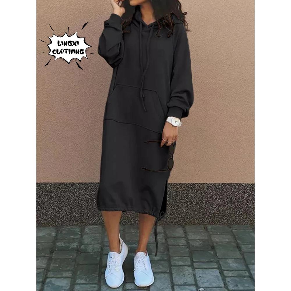 Autumn and Winter Fashion New Women's Sweater Robe Large Hooded Elegant Pocket Split Warm Hoodie Long Dress