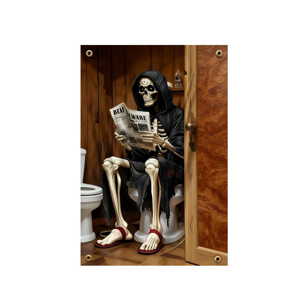 Funny Grim Reaper Skeleton On Toilet Banner 2x3ft 3x5ft Gothic Skull Reading Newspaper Flag for Bathroom Home Wall Decor