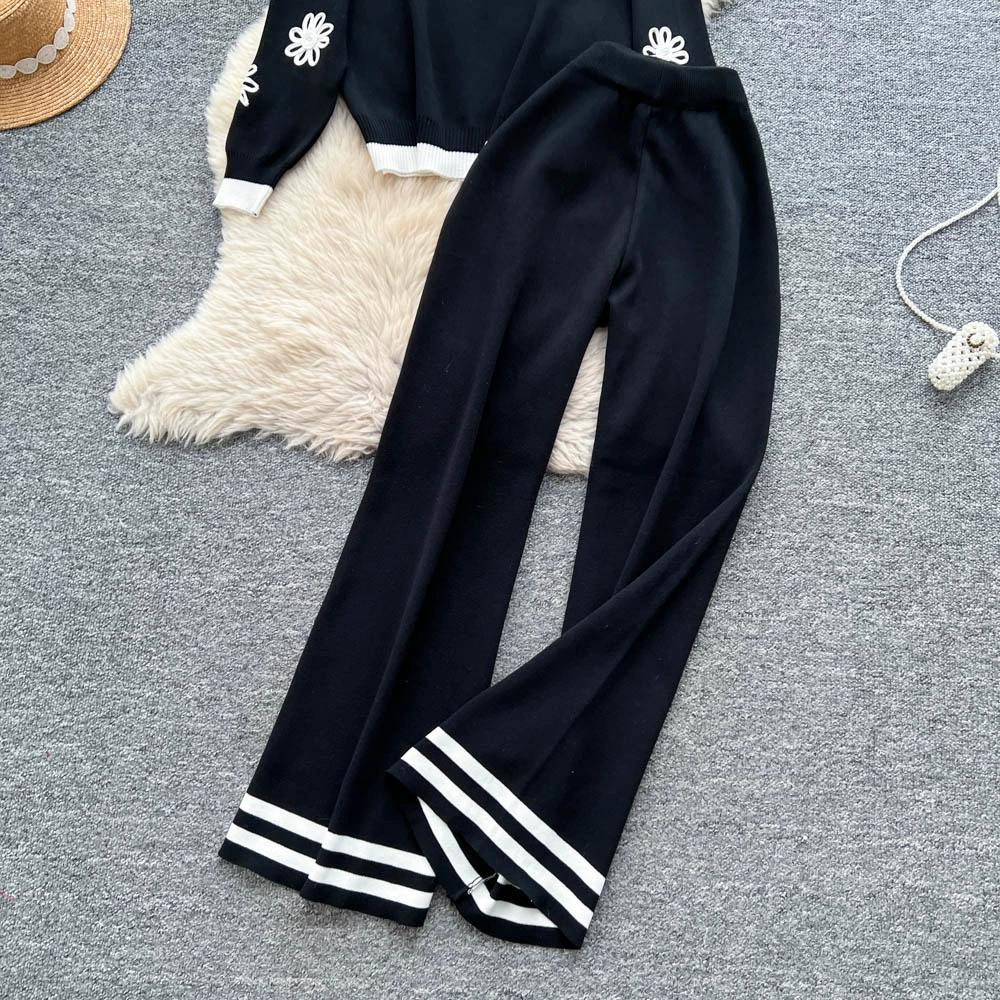 Autumn Winter Women Vintage Embroidery Flower Knitted Sweater Trouser Two Piece Set O-neck Pullover Tops and Pant Tracksuit