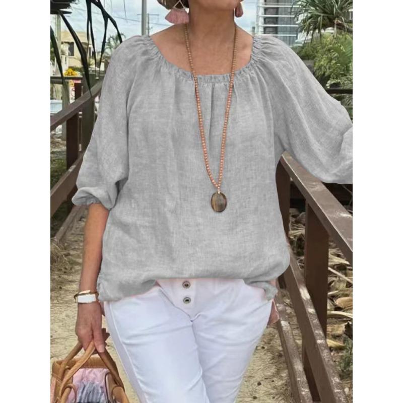Womens Off Shoulder Linen Blouse Casual Loose 3/4 Sleeve Top