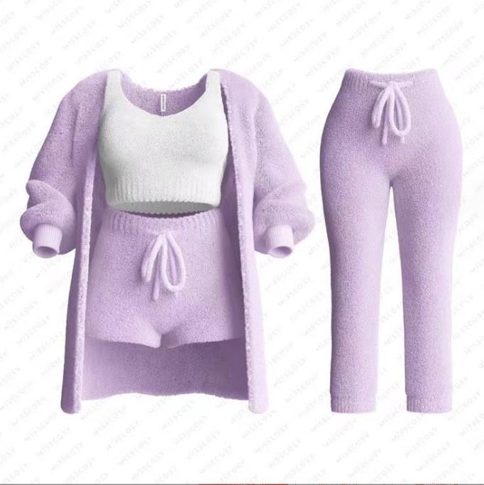 2026 Autumn/Winter Knit Plush Long-Sleeve Jacket, Vest, Shorts, and Three-Piece Set