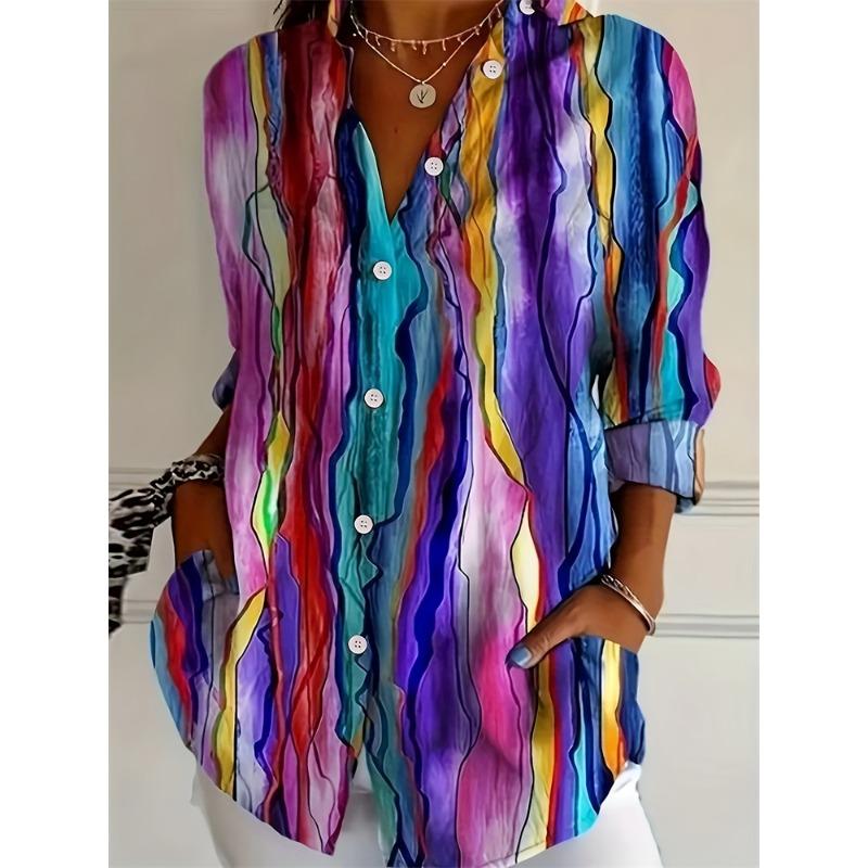 Damen Sommer Locker Hemd Bunter Streifen Lässig Täglich Knopf Revers Hemd Hochwertig Bequem Atmungsaktiv Hemd Top