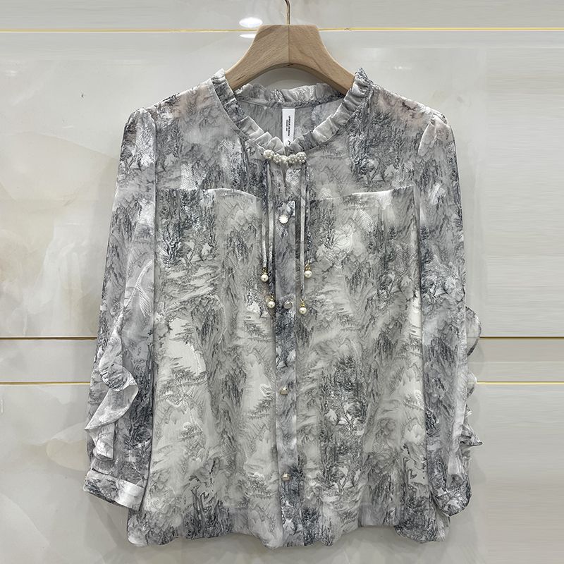 Spring Floral Chiffon Shirt Women Loose Fit Fashion Slimming Printed Lace Collar Blouse