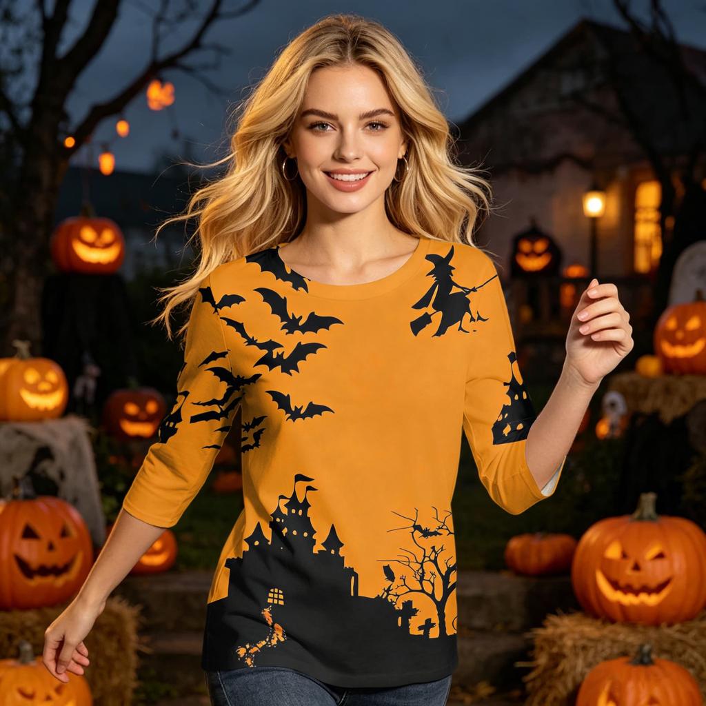 Women's Halloween Print Round Neck Three-Quarter Sleeve Blouse Top for Fall Parties