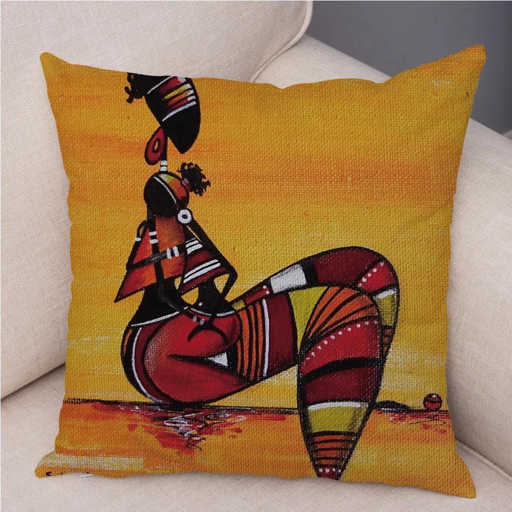 African Woman Soft Plush Cushion Cover for Sofa Home Decor Orange Abstract Painting Pillow Case Africa Life Collection Pillowcae