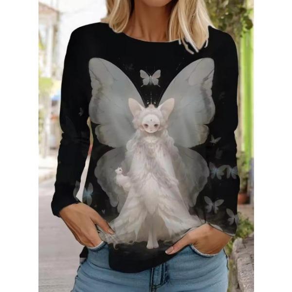 Camisetas de Mujer de Manga Larga Casuales de Moda con Cuello Redondo y Estampado de Gato Lindo con Impresión 3D para Primavera y Otoño