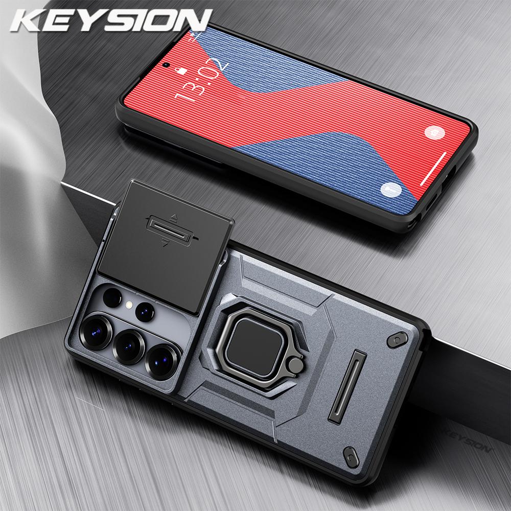 KEYSION Shockproof Armor Case for Samsung S26 Ultra 5G Slide Camera Lens Protection Ring Stand Phone Cover for Galaxy S26+ Plus